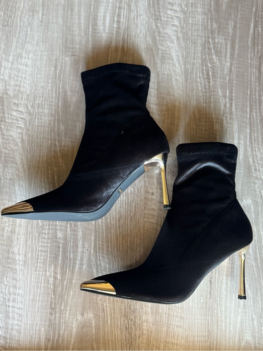 Black Stretch Sock Ankle Boots with Gold Cap Toe and Heel